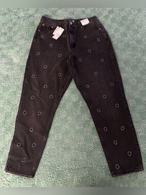 NWT Topshop High Waisted Mom Jeans with Rhinestone Aliens